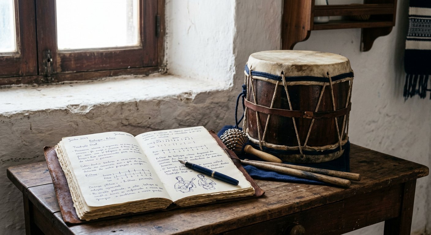 Traditional Cape Verdean drums on a researcher's table