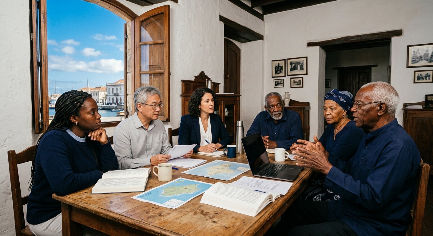 Researchers and community elders in conversation around a table